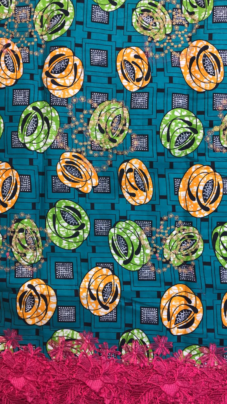 100% african print fabric WEL with blue backgorund and yellow and green circular designs