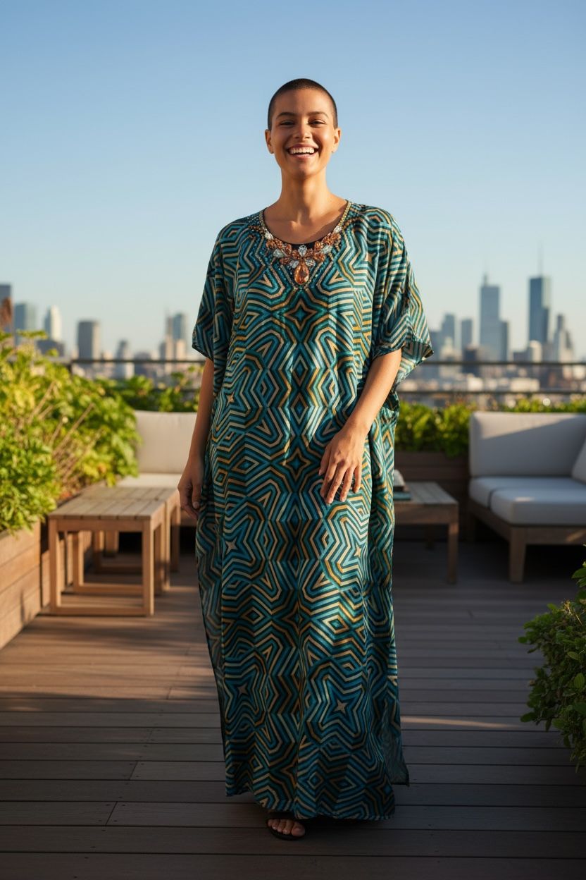 Women’s Satin Kaftan with Handcrafted Neck Work-002