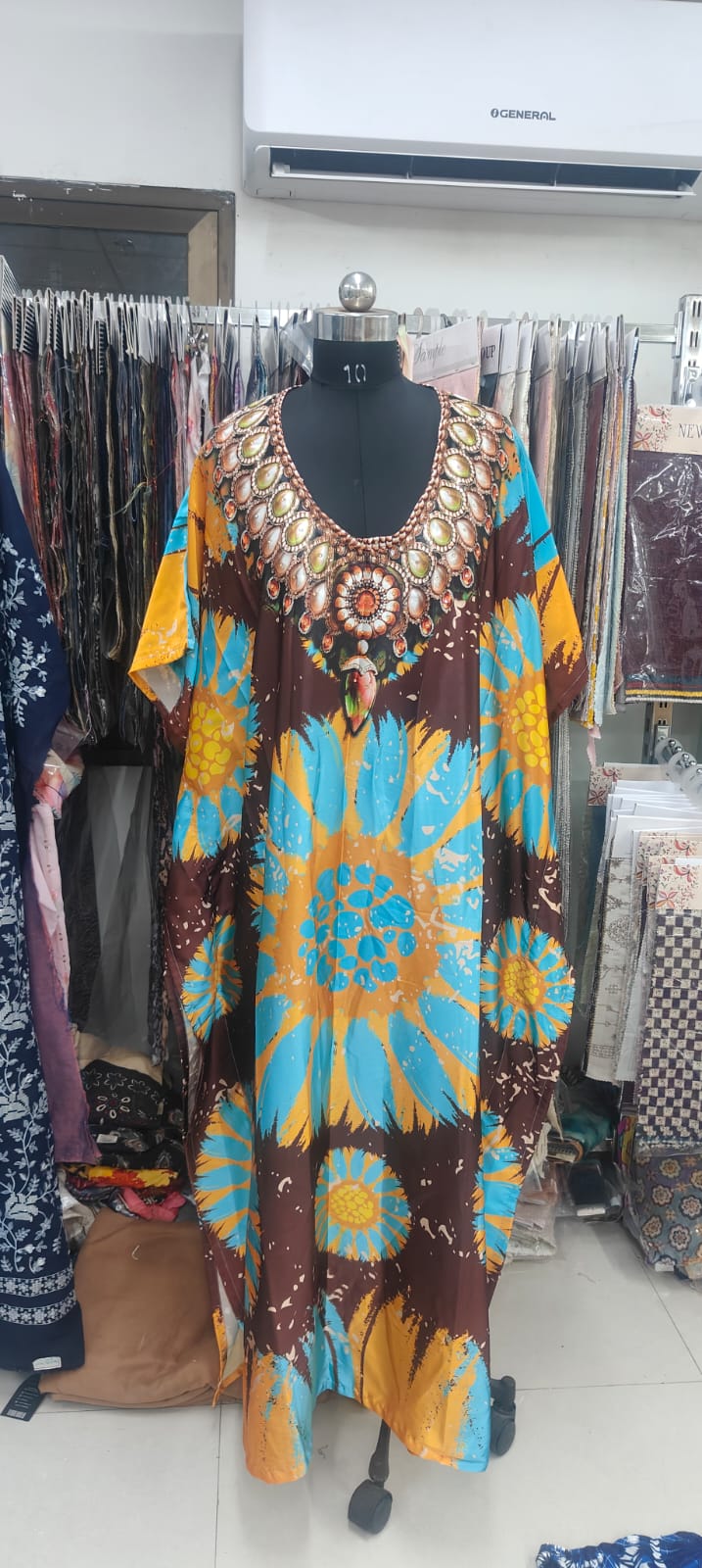 Women’s Satin Kaftan with Handcrafted Neck Work-004