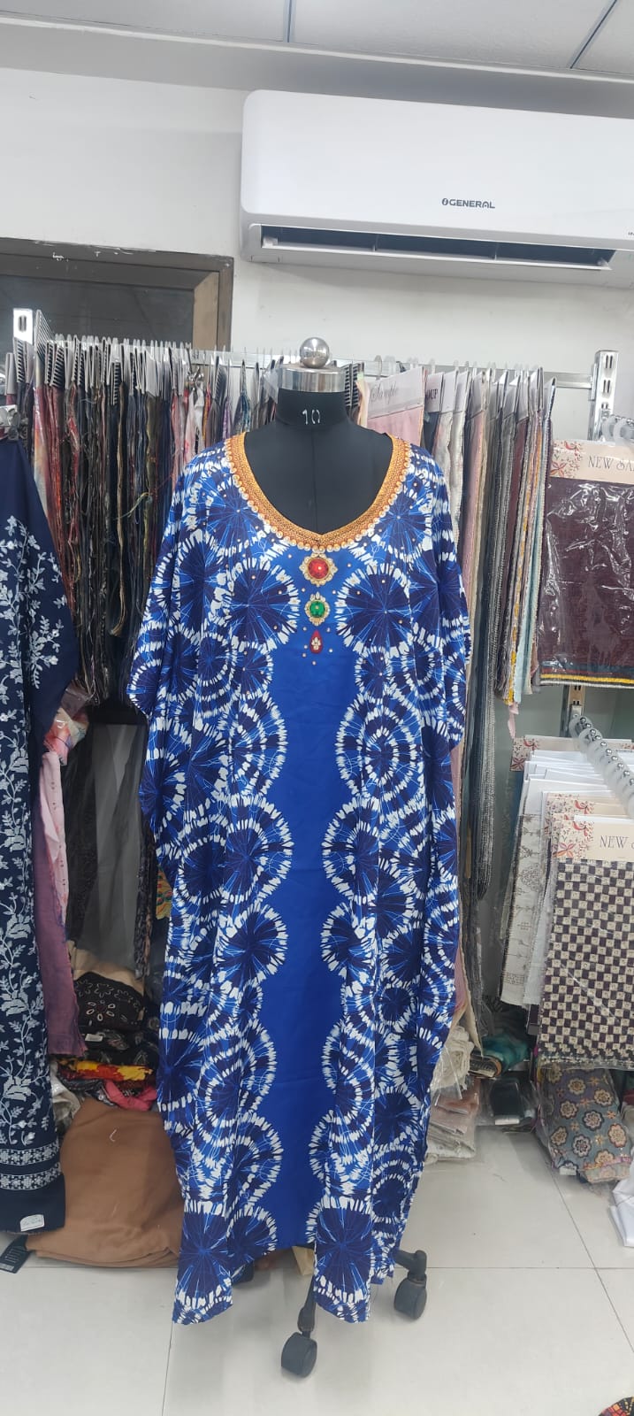 Women’s Satin Kaftan with Handcrafted Neck Work-005