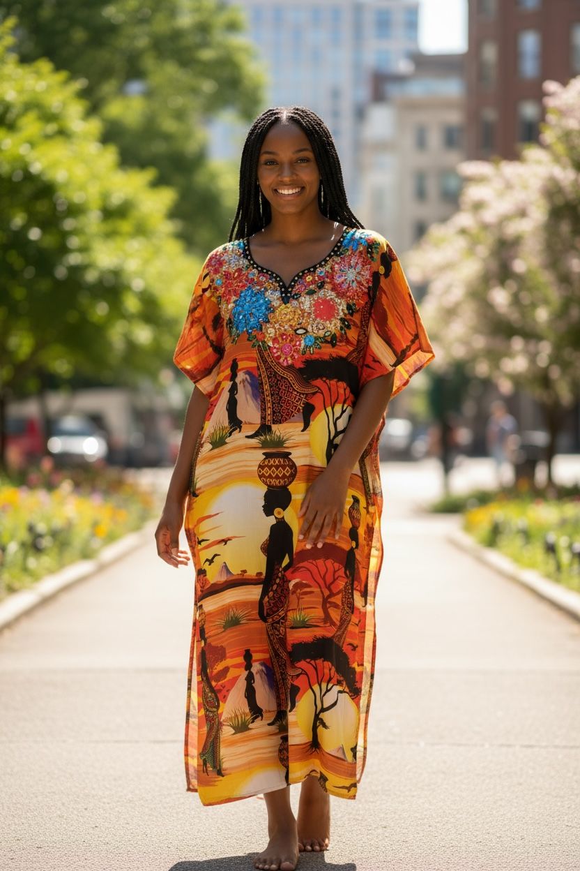 Women’s Satin Kaftan with Handcrafted Neck Work-006