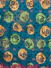 100% african print fabric WEL with blue backgorund and yellow and green circular designs