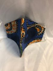 100% cotton african print fabric face mask blue with black circles and orange and white dot pattern