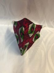 100% cotton african print fabric face mask red with green and white feather line pattern