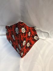 100% cotton african print fabric face mask red with white circles and black swirl lines