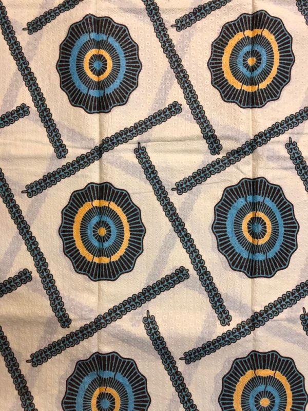 Seersucker african print fabric white with blue and yellow pattern