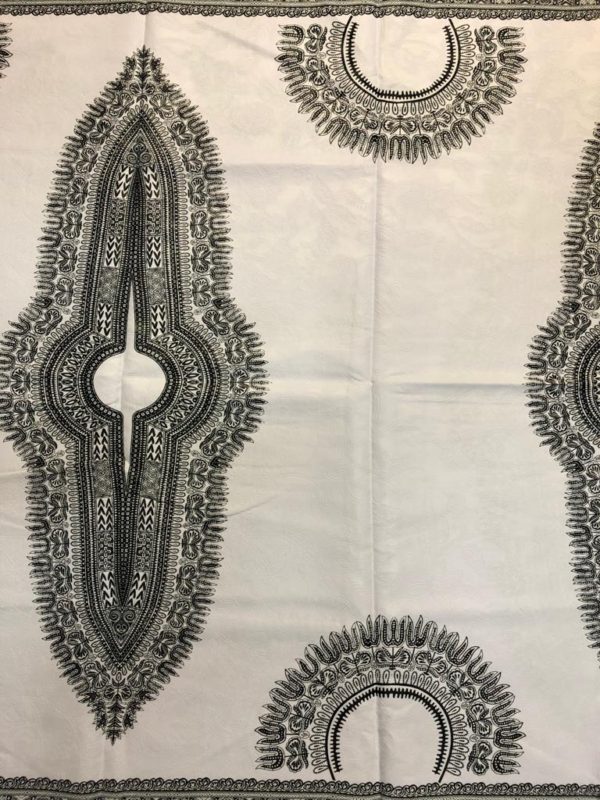 Seersucker african print fabric white with large black pattern design