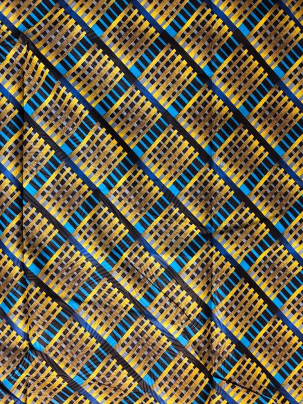 100% Polyester African Print Fabric multi colored pattern with tan squares and aqua lines