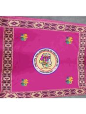 100% Cotton Introica George Nigerian uniform in bright pink with a pattern border and a female image center design