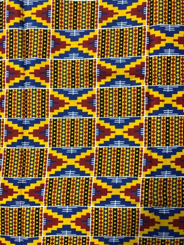 African kente print fabric in bold yellow, blue, red and black in a traditional kente design pattern.